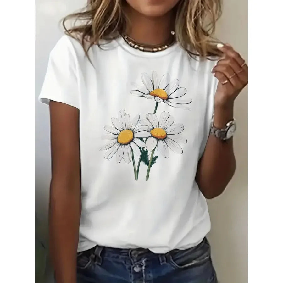 【New style】Fashionable Womens Graphic Print T-Shirt - Casual Short Sleeve Crew Neck Top - Lightweight and Breathable for Spring