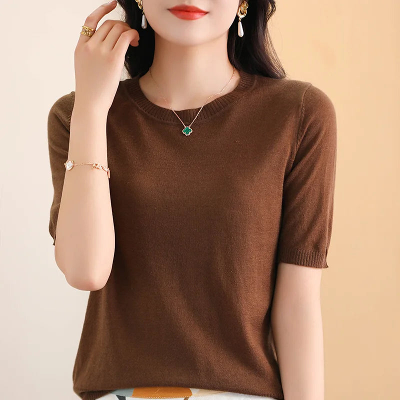 Ladies Round Neck Worsted Thin T-shirt 100% Pure Wool Knitted Short-Sleeve Base Shirts Summer High-End Sweater Simple Joker Tops