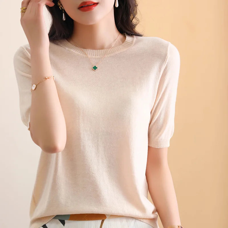 Ladies Round Neck Worsted Thin T-shirt 100% Pure Wool Knitted Short-Sleeve Base Shirts Summer High-End Sweater Simple Joker Tops