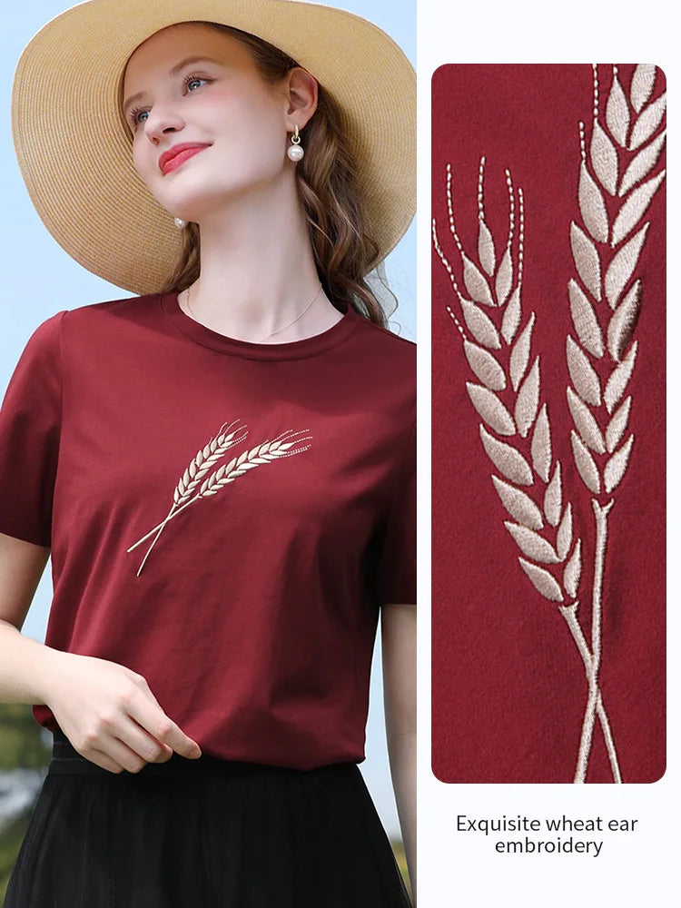 I BELIEVE YOU Angola Red Wheat Sprout Embroidered Short Sleeved T-shirt Top for Women Summer 2026 Cool Cotton Tees 2252016050