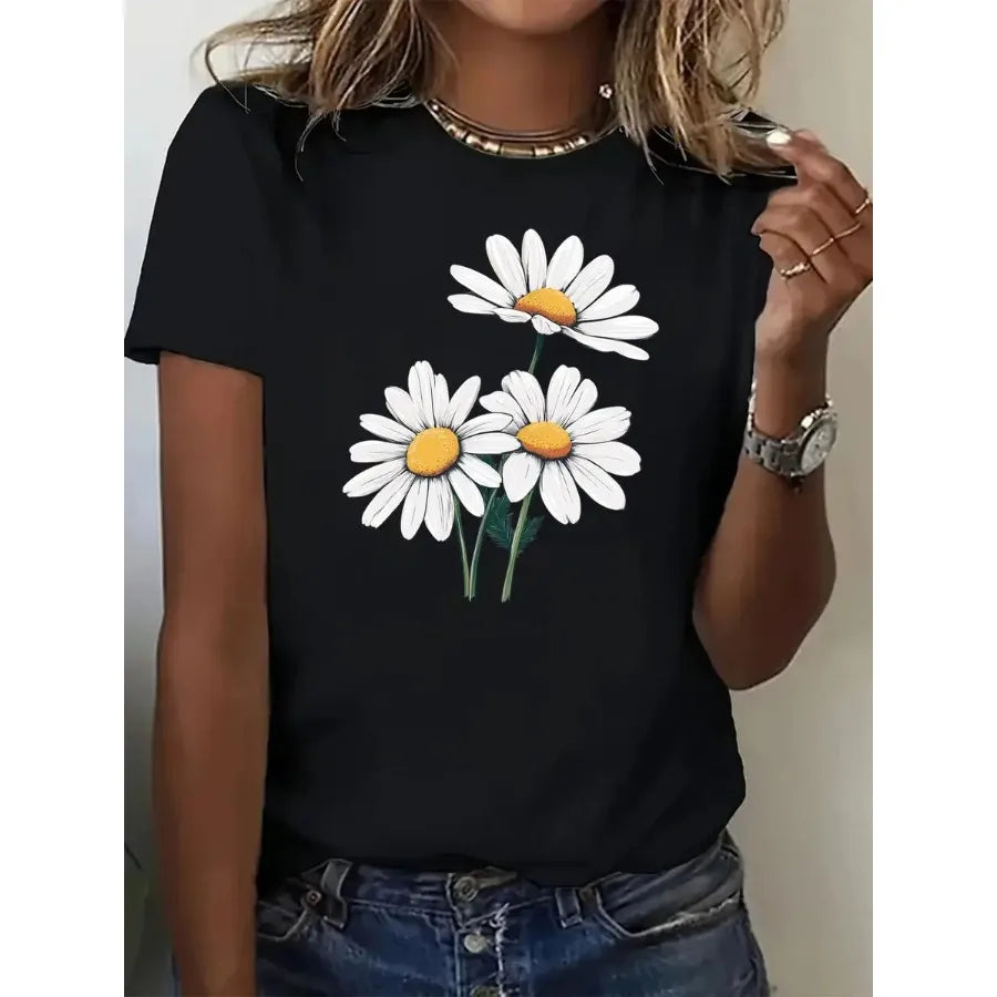 【New style】Fashionable Womens Graphic Print T-Shirt - Casual Short Sleeve Crew Neck Top - Lightweight and Breathable for Spring