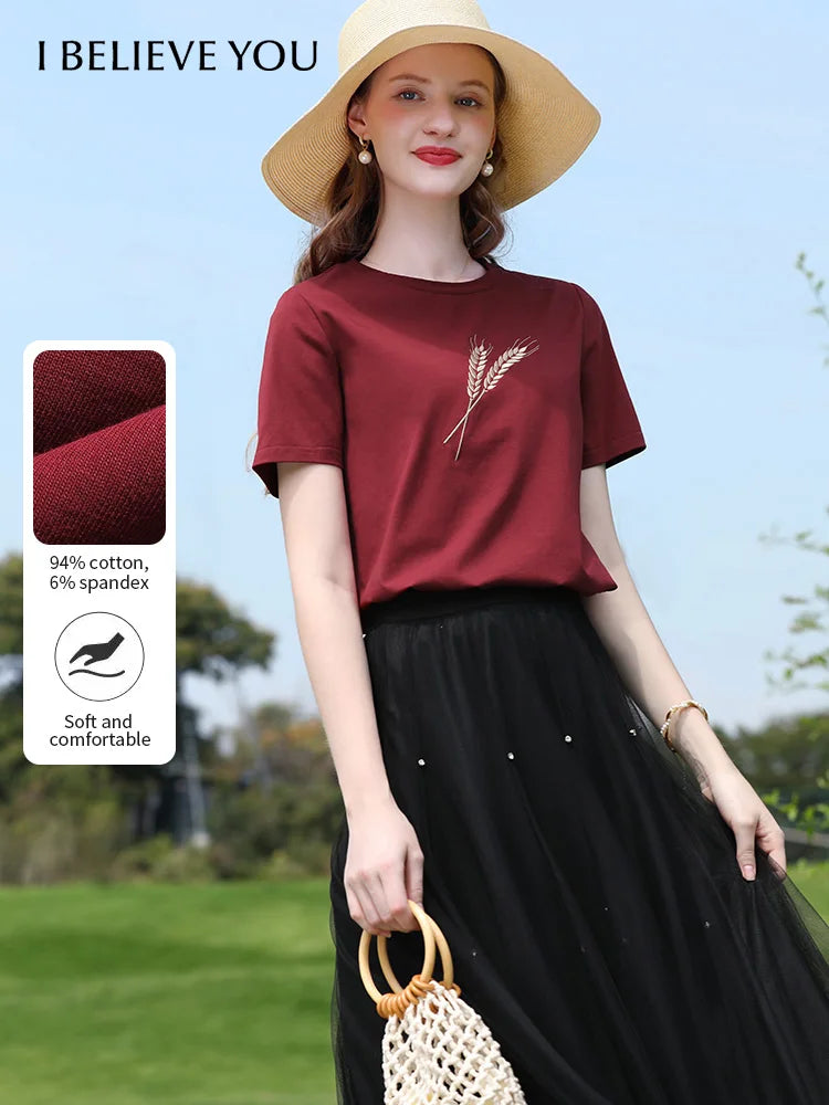 I BELIEVE YOU Angola Red Wheat Sprout Embroidered Short Sleeved T-shirt Top for Women Summer 2026 Cool Cotton Tees 2252016050